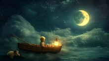 A Little Boy On A Boat With A Lantern On A Foggy And Cloudy Night. Seamless Looping Time-lapse Virtual 4k Video Animation Background.