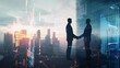 two businessmen shake hands on the city background,