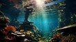 Underwater panoramic view of the coral reef with fishes.