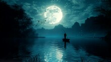 The Image Of A Person Fishing From A Boat At Night. Seamless Looping Time-lapse Virtual 4k Video Animation Background.