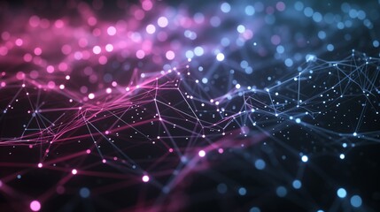 Abstract data nodes depicting data flow, in dark shades with accents of light purple, pink, and blue creating a futuristic background.