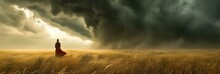 A Woman Watches A Dark Storm Forming Over A Golden Field