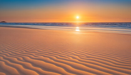 Wall Mural - Serenity at dusk: majestic sun setting over the horizon, painting the sky and sand beach in warm orange hues