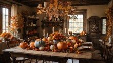 Autumn Harvest Imagine Walking Into A Quaint Farmhouse Surrounded By Colorful Autumn Leaves. The Interior Is Filled With Warm, Earthy Tones And Rustic Elements. A Vintage Chandelier