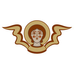 Wall Mural - Head of medieval angel or cherub with wings and nimbus. Christian icon. Holy symbol. Isolated vector illustration.