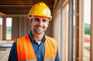 smiling young builder in the background, wearing a construction helmet, light setting