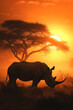 Silhouette of large acacia tree in the savanna plains with rhino (White Rhinoceros). African sunset. Wild nature, Kenya panoramic view. Black history month concept. World rhino day. Animal protection