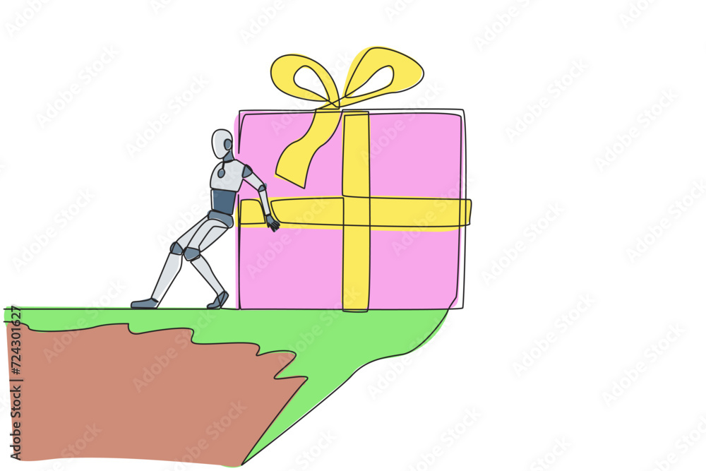 Single continuous line drawing robot pushes the large gift box down ...