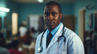 © Iuliia - Multicultural doctor, stethoscope, diverse ethnicities, hospital setting, blurred background