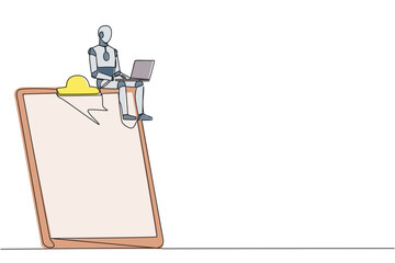 Wall Mural - Single continuous line drawing robotic artificial intelligence sitting on giant clipboard typing laptop. Modern robot double-check work. Technology future concept. One line design vector illustration