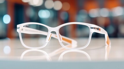 Canvas Print - A close-up of trendy white eyeglasses elegantly resting on a reflective surface with a soft-focused background.