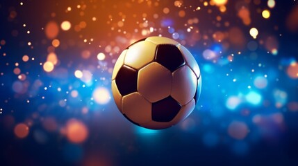 Wall Mural - A classic black and white soccer ball illuminated against a backdrop with vibrant blue bokeh lights.