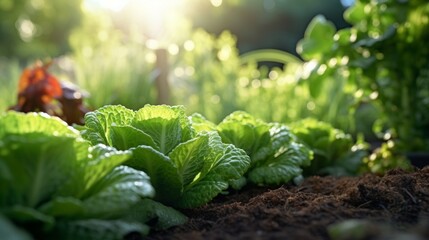healthy green lettuce leaves flourish in a sun-drenched garden bed, symbolizing organic and sustaina