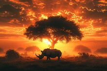 Silhouette Of Large Acacia Tree In The Savanna Plains With Rhino (White Rhinoceros). African Sunset. Wild Nature, Kenya Panoramic View. Black History Month Concept. World Rhino Day. Animal Protection