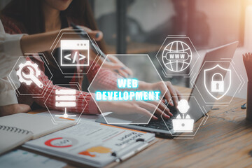 Wall Mural - web development concept, business team using laptop computer on office desk with web development ico