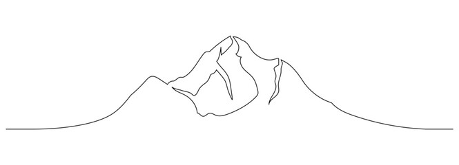 Poster - One continuous line drawing of mountain range landscape. Abstract web banner with hill and snow peak in simple linear style. Winter sports concept editable stroke. Doodle vector illustration