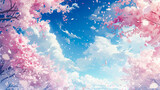 Fototapeta  - 満開の桜と青空に舞い上がる花びらのイラスト背景