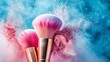Close up of colorful makeup brushes with powder explosion creating a beauty splash