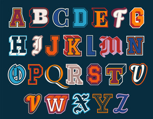 set of collegiate athletic letters. vintage university alphabet font elements for sports prints. ret