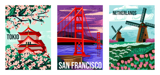 Travel Destination Posters Set. Travel postcards with landmarks of San Francisco, Japan and Netherlands. Journey and summer vacation. Cartoon flat vector illustrations isolated on white background