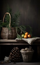 A Basket With Oranges, Pine Cones And Pine Needles. Generative AI.