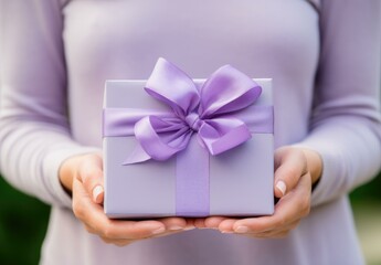 Poster - Woman holding purple gift box with bow. Generative AI.