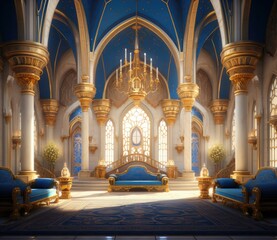 Poster - The throne room in the castle is blue and gold. Generative AI.