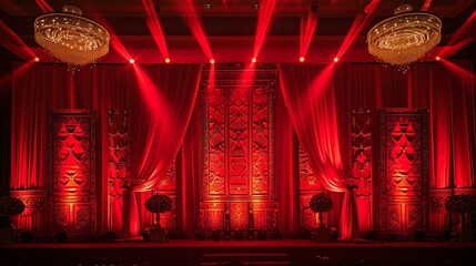 Wall Mural - Grandiose Red Banquet Hall with Luxurious Chandeliers and Curtains