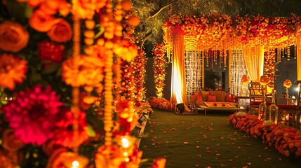 Wall Mural - Elegant Indian Wedding Floral Decor in Warm Orange and Red Hue