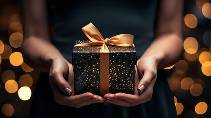 A woman gracefully holds a black gift box adorned with a golden ribbon, radiating elegance and anticipation.