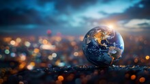 Abstract Background Of Planet Earth With Blurred Background Of City Lights. Realistic Planet Earth Isolated On Lights Background. Ecology, Business Or Politics Concept.