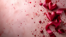 Red Rose Petals Background,Red Silk Ribbon And Hearts On A Pink Background. Valentine's Day, Place For Text