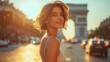 woman walking in Paris,attractive young European woman with short hair ,naturally smiling face wearing a fitted casual white color short slip dress and high heels at Arc de Triomphe Paris