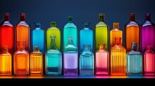Image Of A Row Of Colorful Bottles Neatly Arranged On A Shelf.