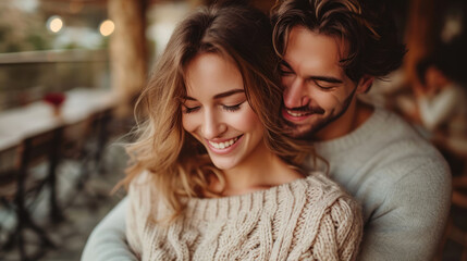 happy couple hugging on a date valentine's day.