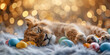 close up adorable lion is sleeping with Easter eggs, generative AI