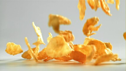 Sticker - Corn flakes falling on white background. Filmed on a high-speed camera at 1000 fps. High quality FullHD footage