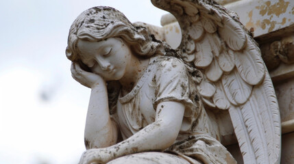 Wall Mural - A solemn angel perched atop a stone archway her eyes closed in prayer for the departed.