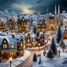 Winter cityscape with Christmas trees and houses under the snow at night