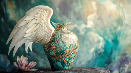 Wall Mural - A celestial being with elegant white wings delicately painting intricate designs onto a vibrant pottery vase.