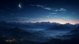 Fototapeta Góry - The crescent hangs gracefully in the night sky.