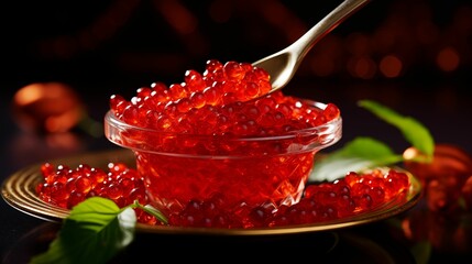 The image of a portion of bright red caviar.