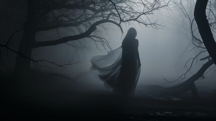 Wall Mural - The silhouette of person is shrouded in thick fog.