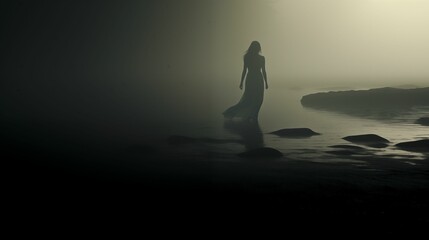 Wall Mural - The silhouette of person is shrouded in thick fog.