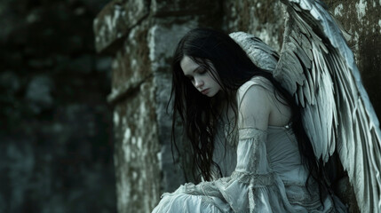 Wall Mural - A hauntingly beautiful angel with pale skin and flowing black hair perched upon a crumbling stone structure her expression contemplative and enigmatic.