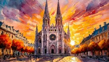 Painting Of A Huge Cathedral With A Fiery Sunrise In The Background