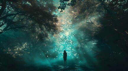 Wall Mural - person lost in the woods in illuminated glowing lights. (generative ai).