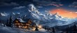 Panoramic view of alpine village at sunset. Beautiful winter panorama