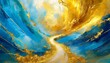 abstract watercolor background.a vibrant and dynamic digital painting depicting a path of gold and blue paint intertwining in an abstract yet harmonious manner. Focus on capturing the energy and contr