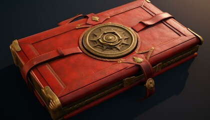 Poster - A red leather box with a gold medallion on it. Generative AI.